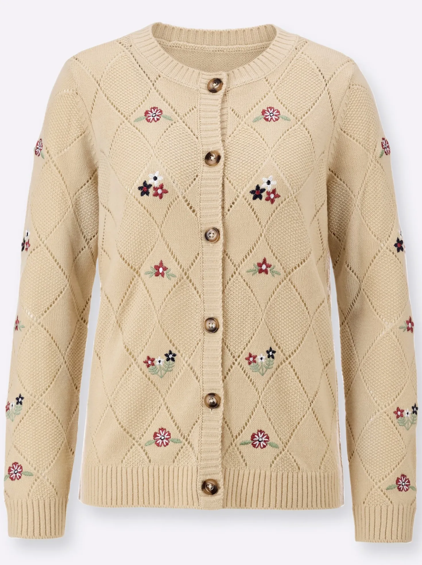 Ajourstrickjacke mit Blütenstickereien