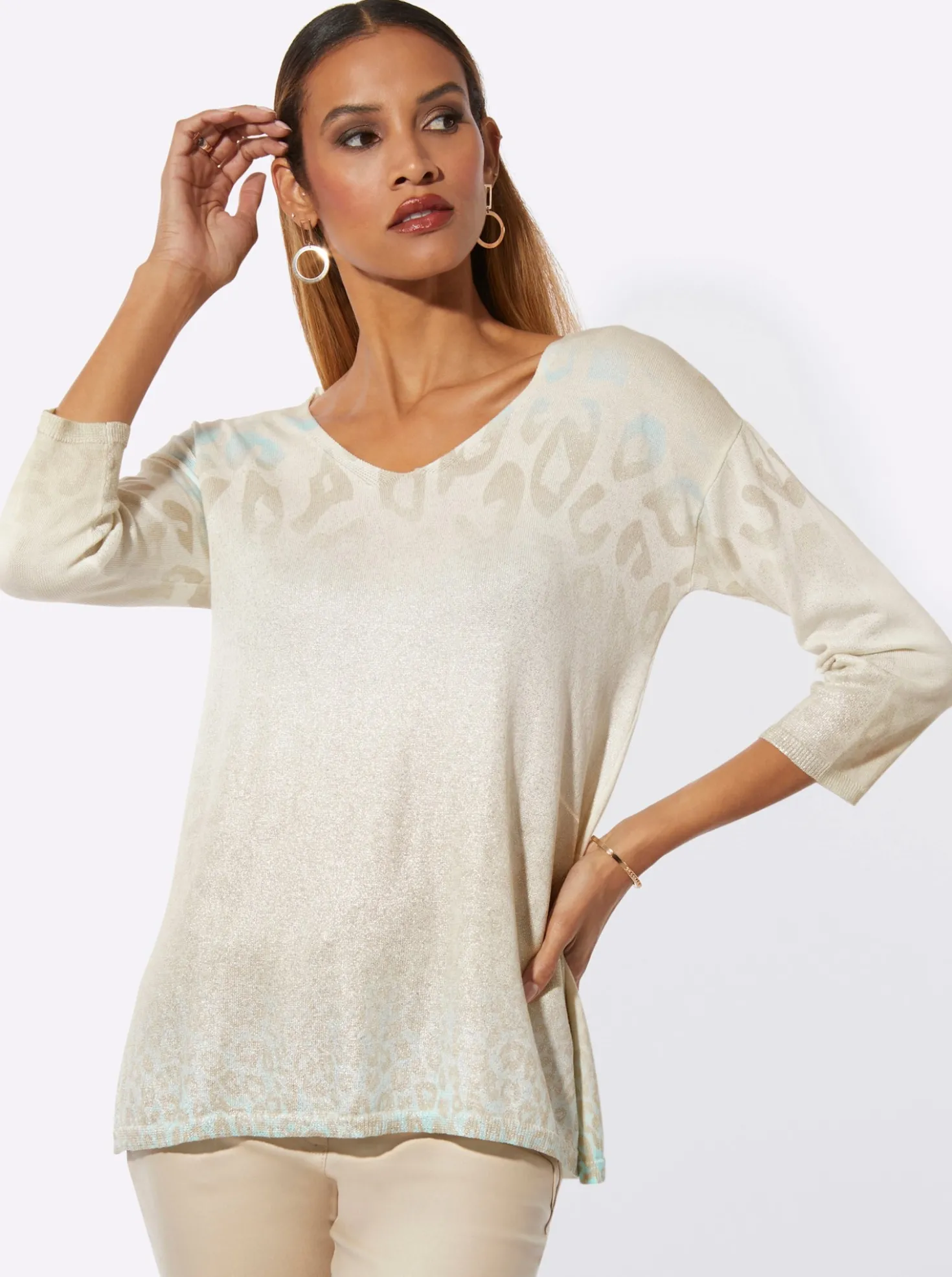 3/4-Arm-Pullover im Baumwoll-Modal-Mix