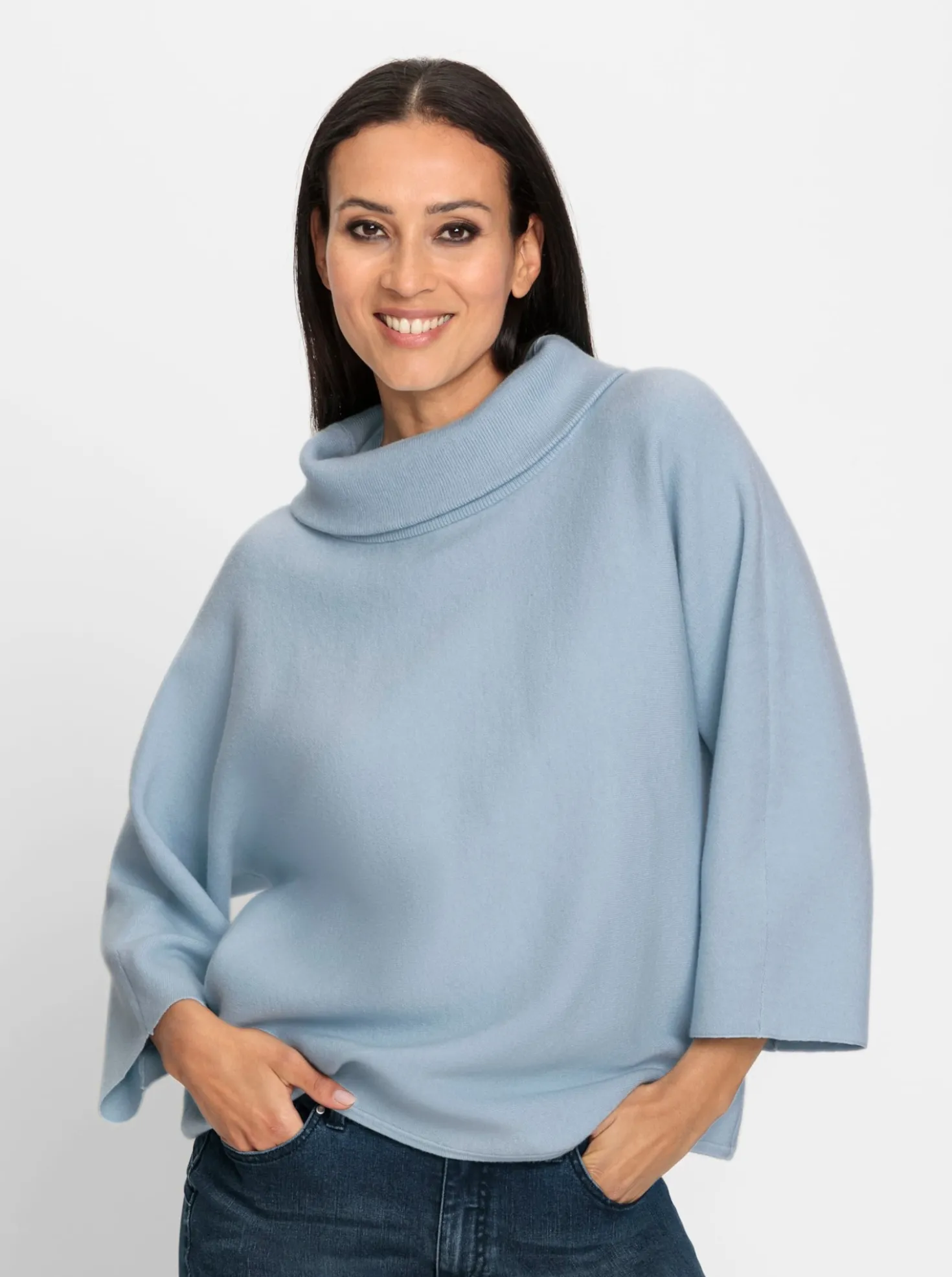 3/4-Arm-Pullover mit halsfernem Rollkragen