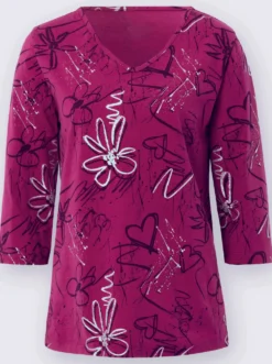 3/4-Arm-Shirt mit Herzen und Blüten verziert