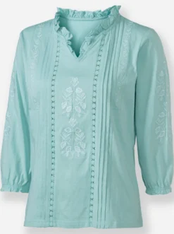 3/4-Arm-Shirt mit Rüschen am Ausschnitt