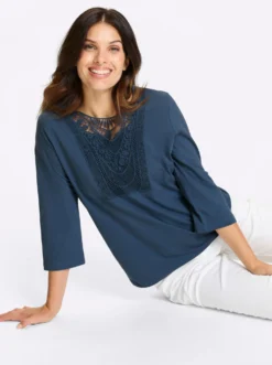 3/4-Arm-Shirt mit Spitze am Ausschnitt