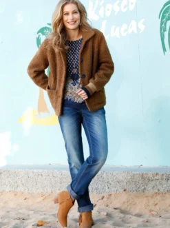 Boucléjacke mit gestreiften Ärmel-Bündchen