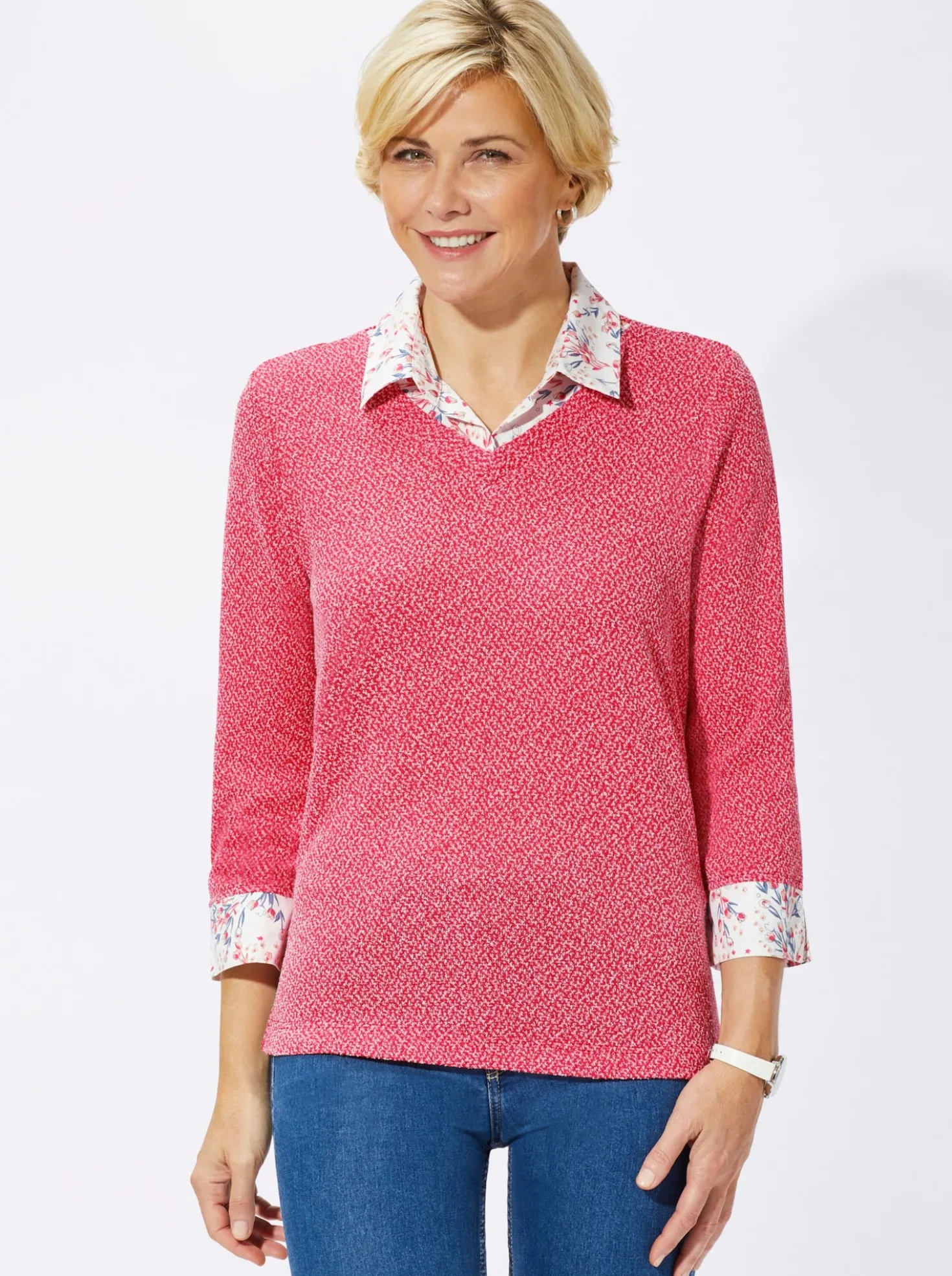2-in-1-Shirt aus Bouclé, mit Blusenstoff