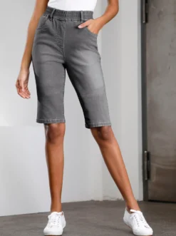 Jeansbermudas mit hohem Rundum-Dehnbund