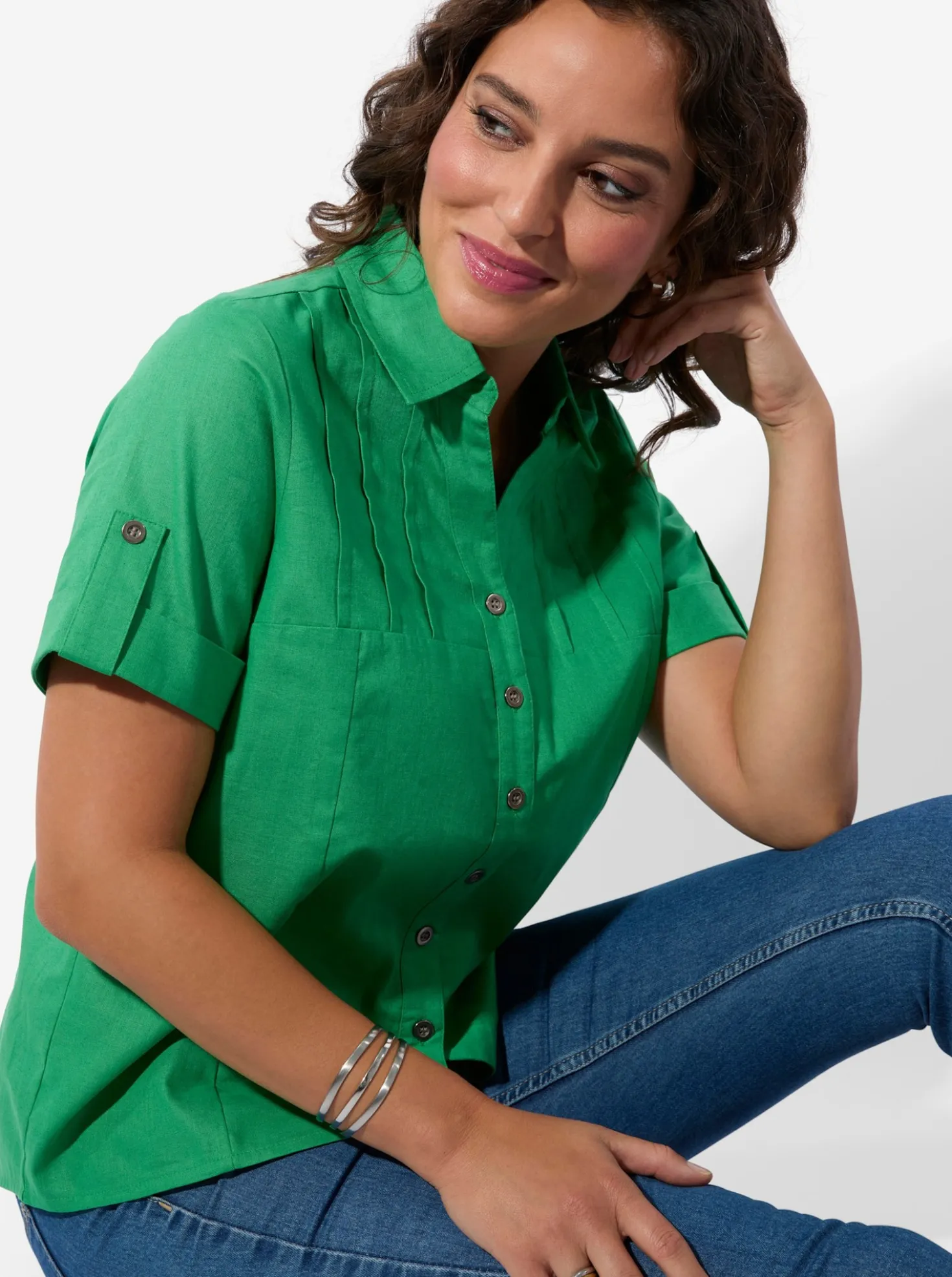 Kurzarm-Bluse im Baumwoll-Leinen-Mix