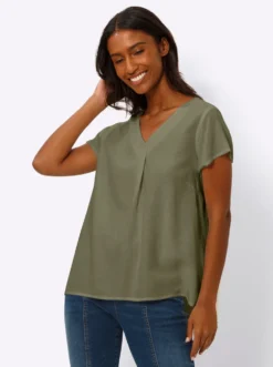Kurzarm-Bluse mit Leinen-Anteil