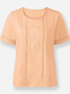 Kurzarmshirt mit Stickerei und Biesen