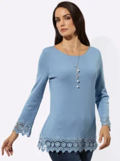 Langarm-Pullover mit Spitzenbordüre