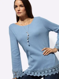Langarm-Pullover mit Spitzenbordüre