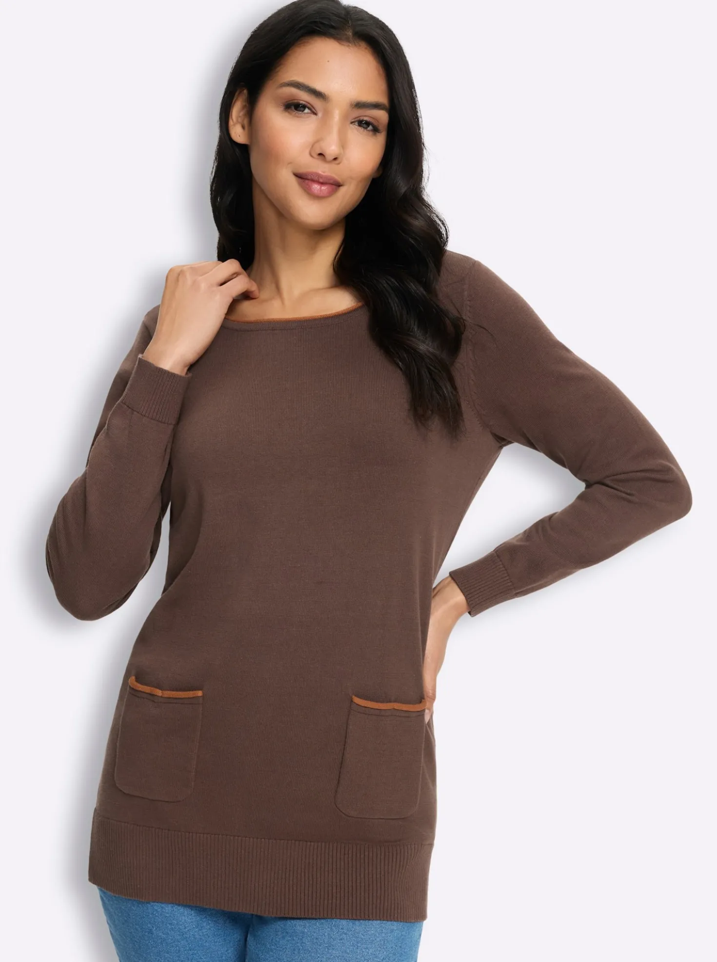 Longpullover mit Kontrast-Rollsaum