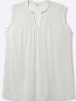 Ärmellose Bluse mit Rüschen und Stickerei