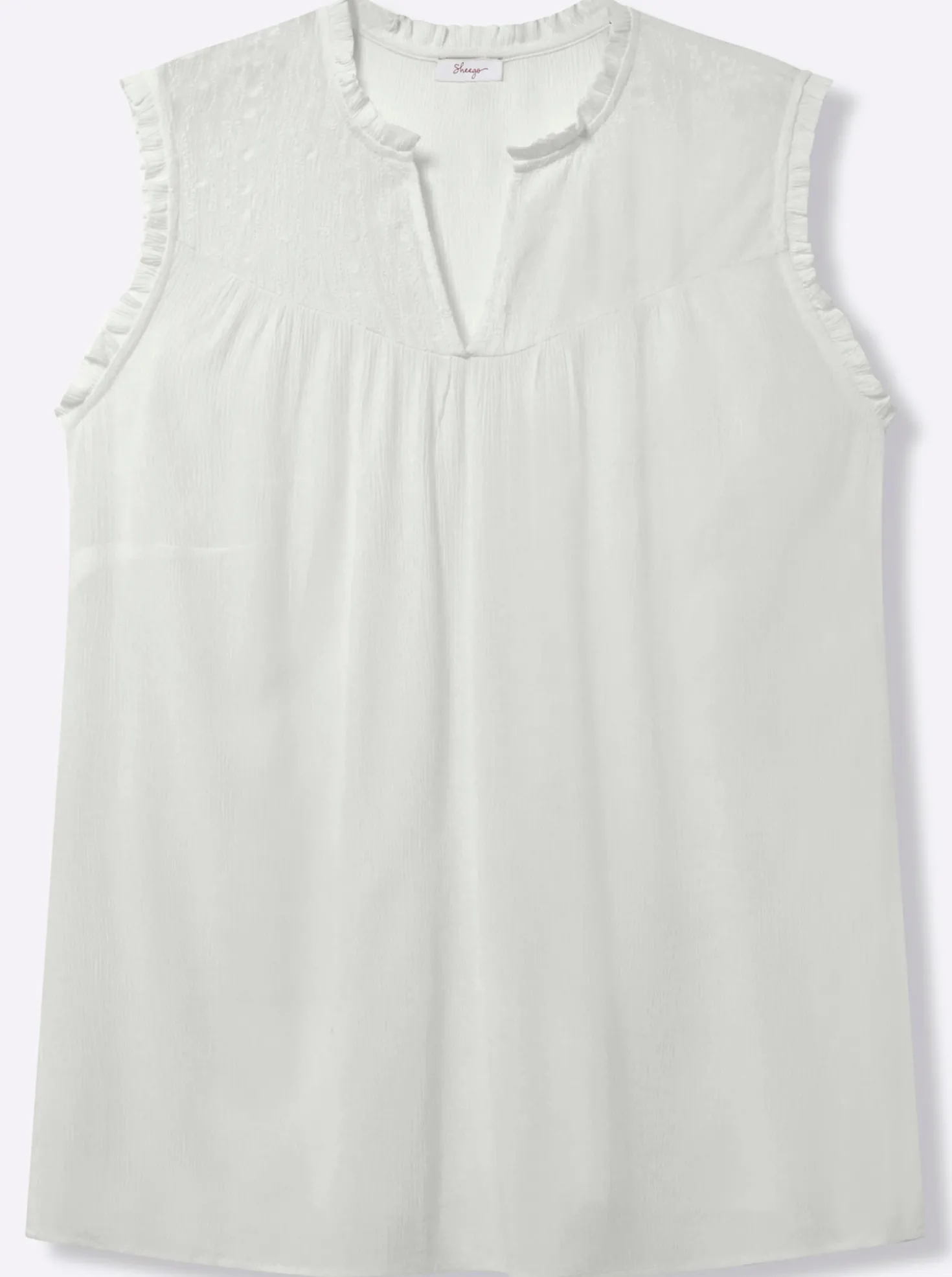 Ärmellose Bluse mit Rüschen und Stickerei