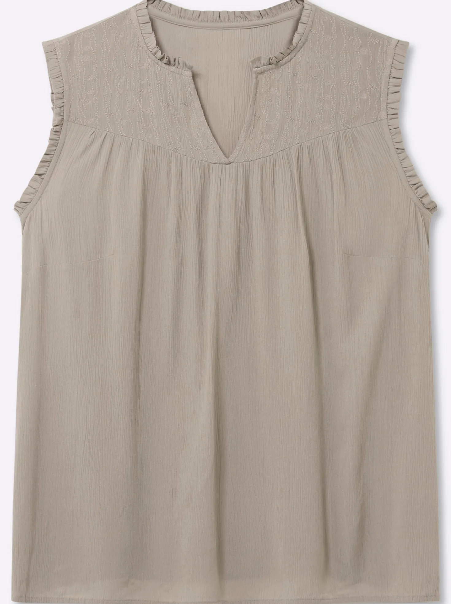 Ärmellose Bluse mit Rüschen und Stickerei