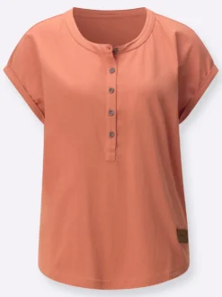 Rundhalsshirt mit Knopfleiste