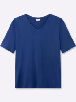 V-Shirt mit Ajourband an Ausschnitt und Ärmeln