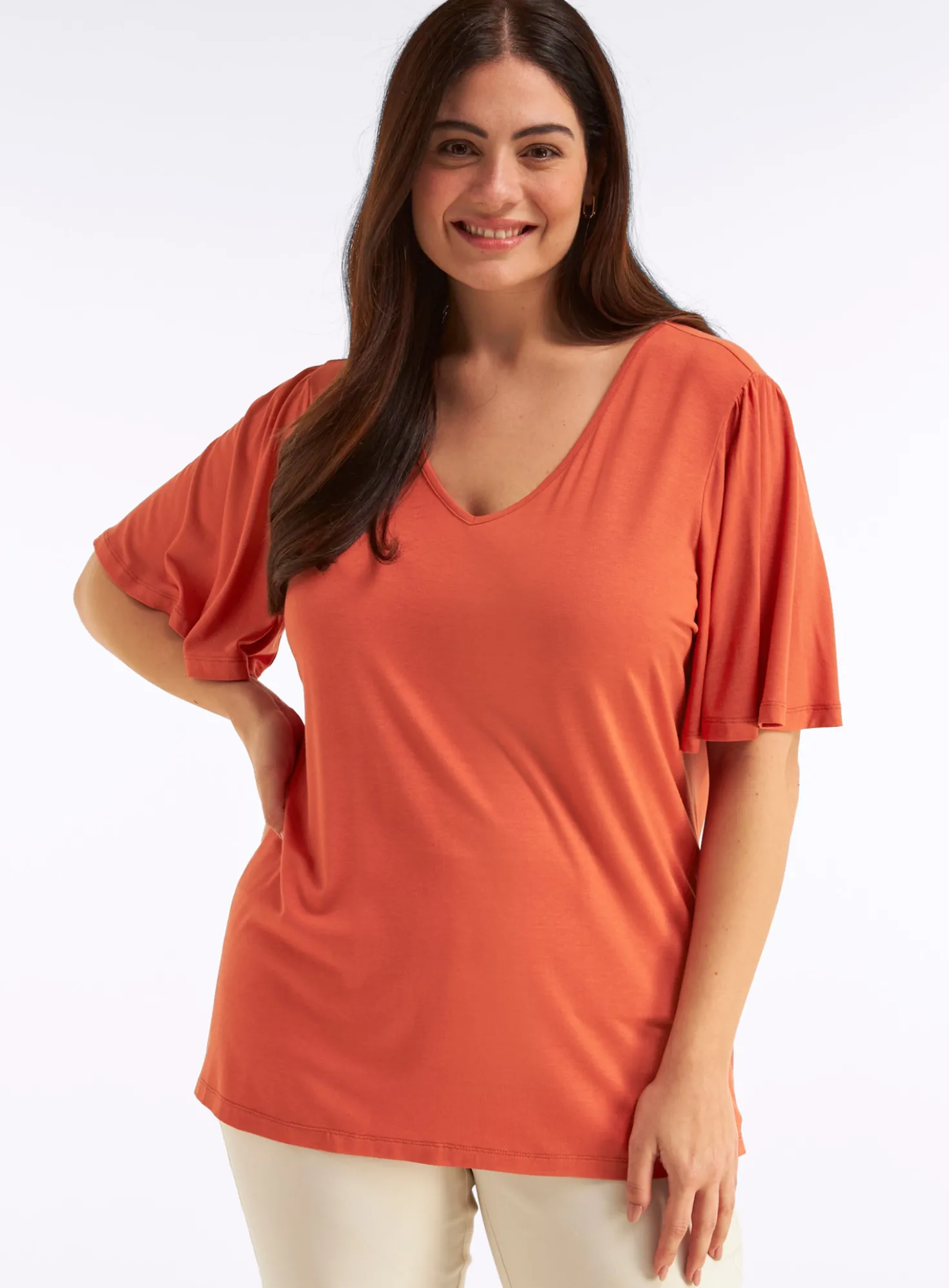 V-Shirt mit Flügelärmeln und Bindeband im Nacken