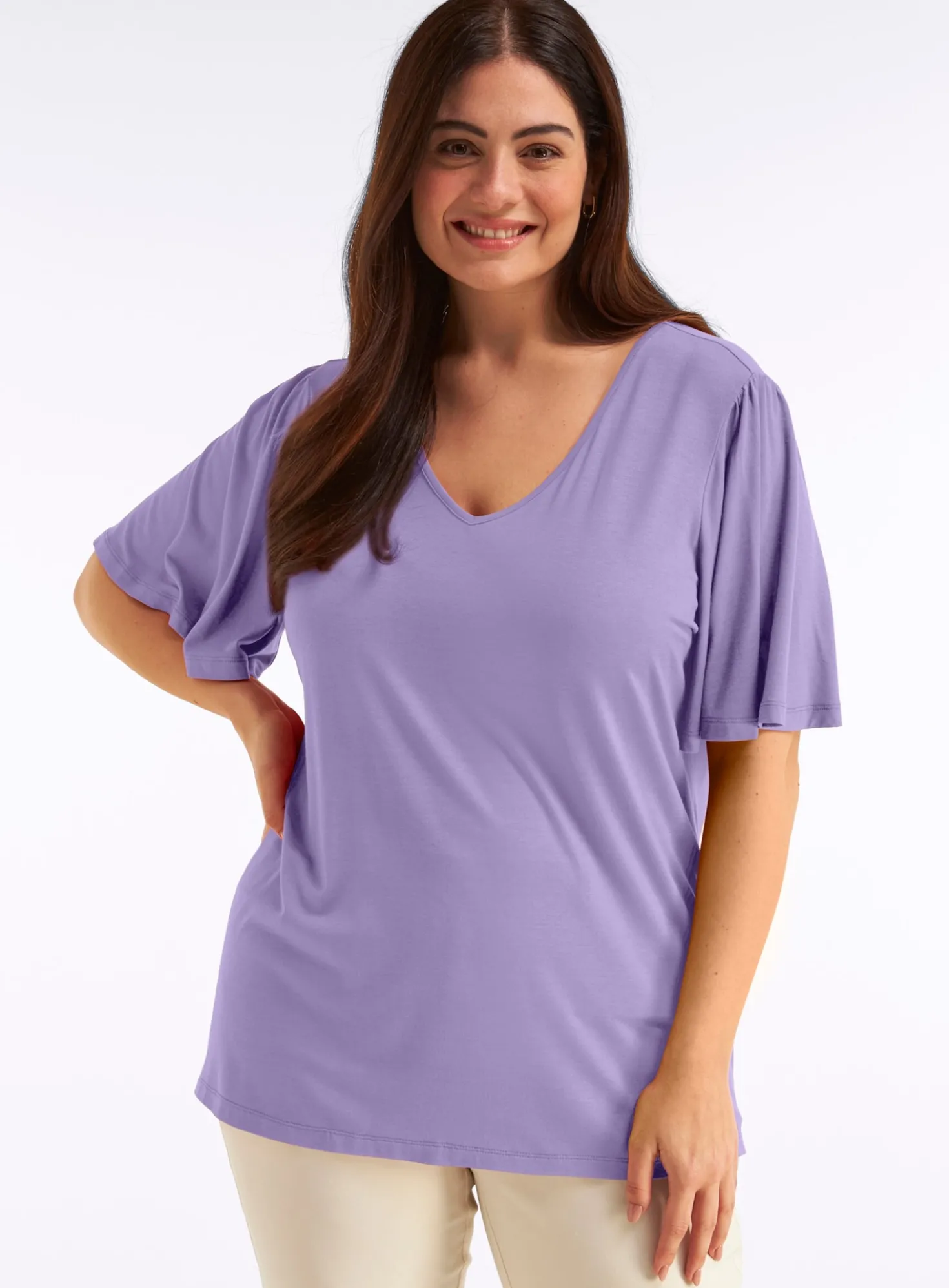 V-Shirt mit Flügelärmeln und Bindeband im Nacken