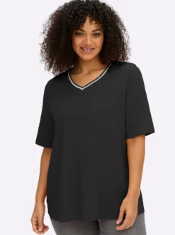 V-Shirt mit Glitzergarn-Streifen