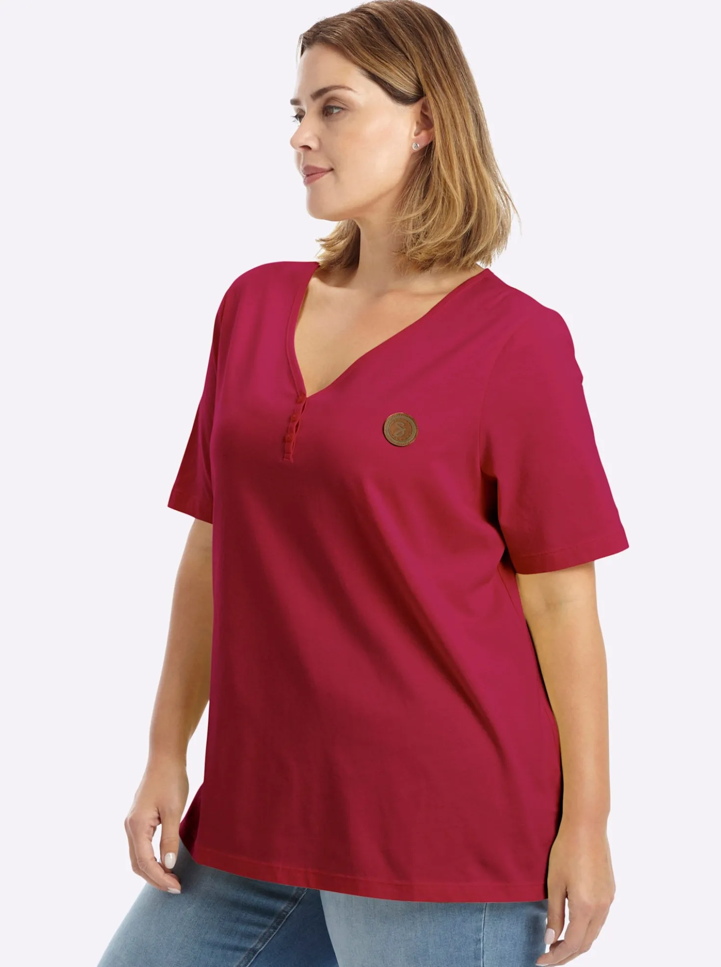V-Shirt mit kurzer Zierknopfleiste