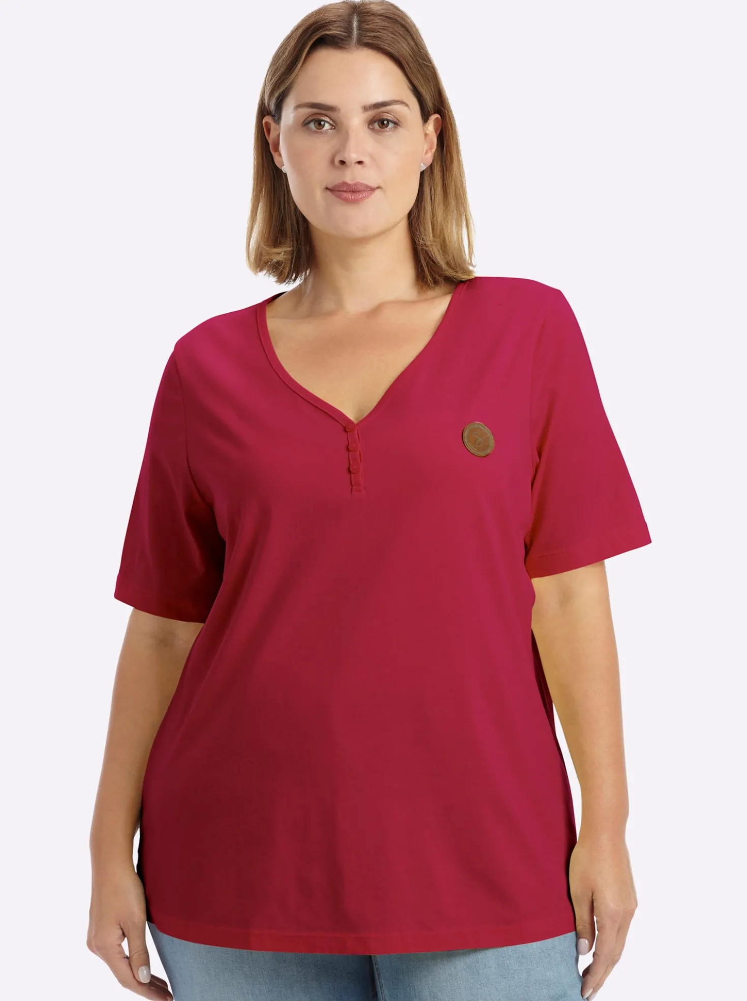 V-Shirt mit kurzer Zierknopfleiste