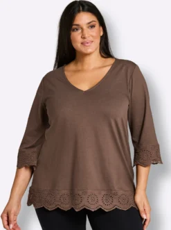 V-Shirt mit Lochstickerei-Volants