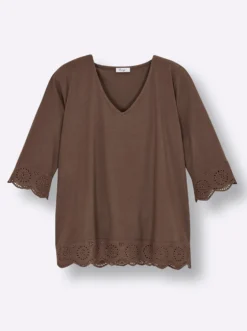 V-Shirt mit Lochstickerei-Volants