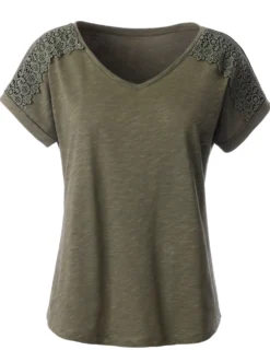 V-Shirt mit Spitzen-Besatz