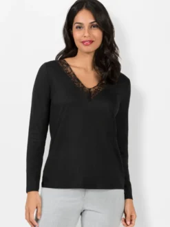 V-Shirt mit Spitzen-Einsatz