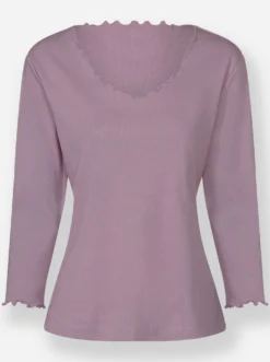 V-Shirt mit Wellensaum an Ausschnitt und Ärmel