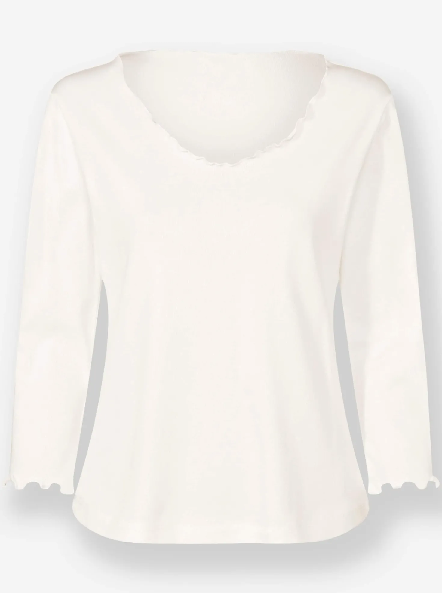 V-Shirt mit Wellensaum an Ausschnitt und Ärmel