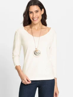 V-Shirt mit Wellensaum an Ausschnitt und Ärmel