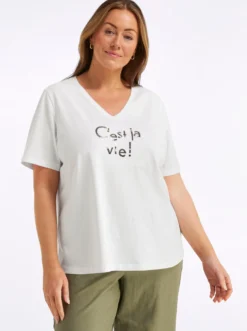 V-Shirt mit Wordingprint und Pailletten