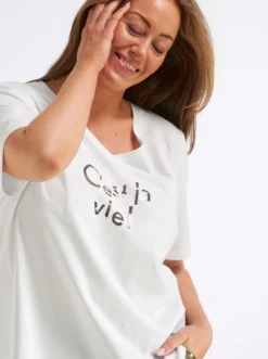 V-Shirt mit Wordingprint und Pailletten