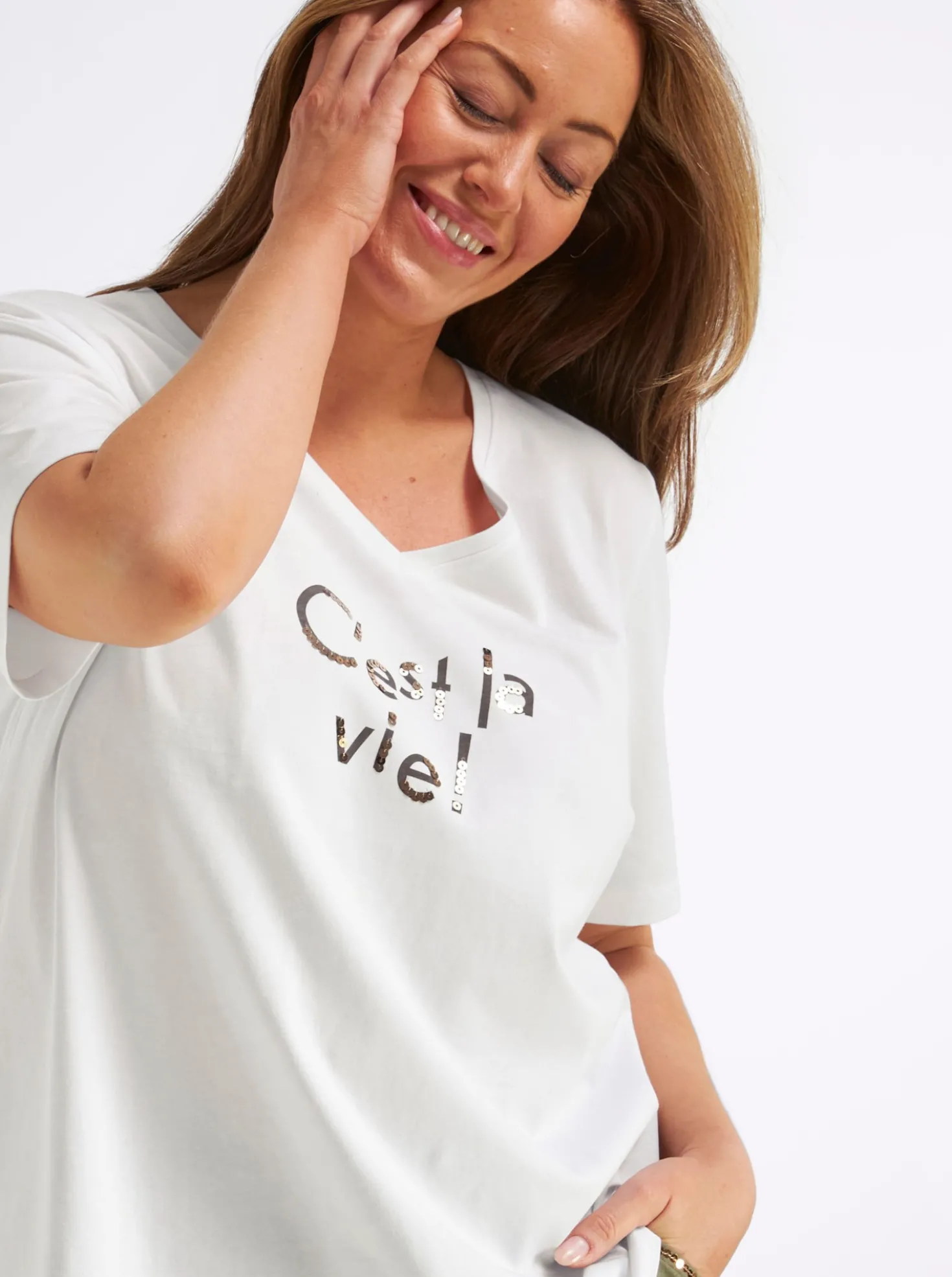 V-Shirt mit Wordingprint und Pailletten