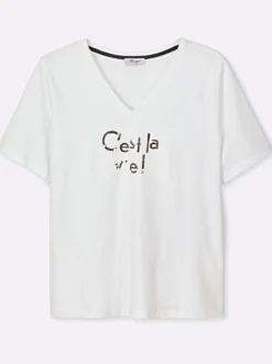 V-Shirt mit Wordingprint und Pailletten